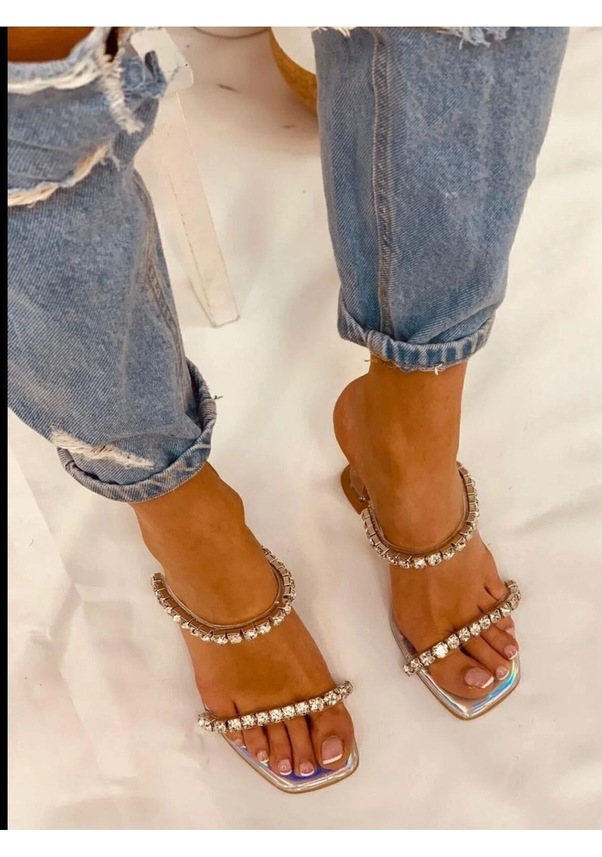 Resim Damla Taş Detay Hasır Şeffaf Topuklu Terlik Hologram Gri 