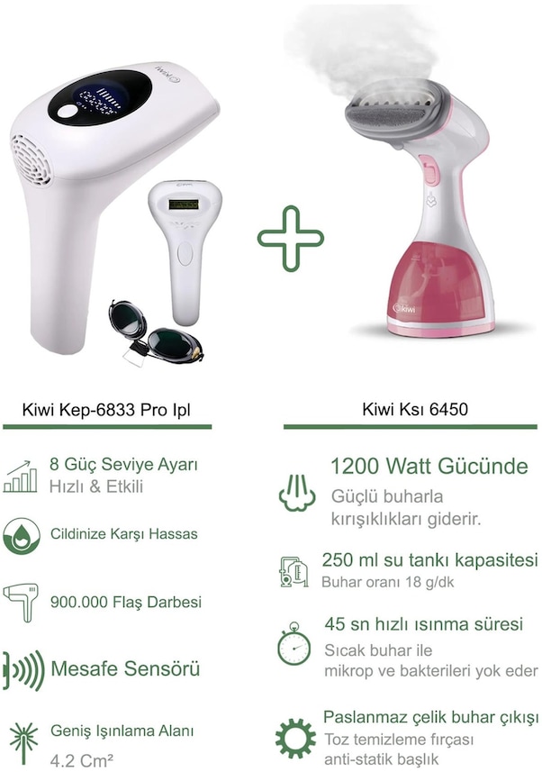 Kiwi Kep6833 Pro Ipl Lazer Epilasyon + Kiwi Ksı 6450 Buharlı Dikey Ütü Pembe Fiyatları ve
