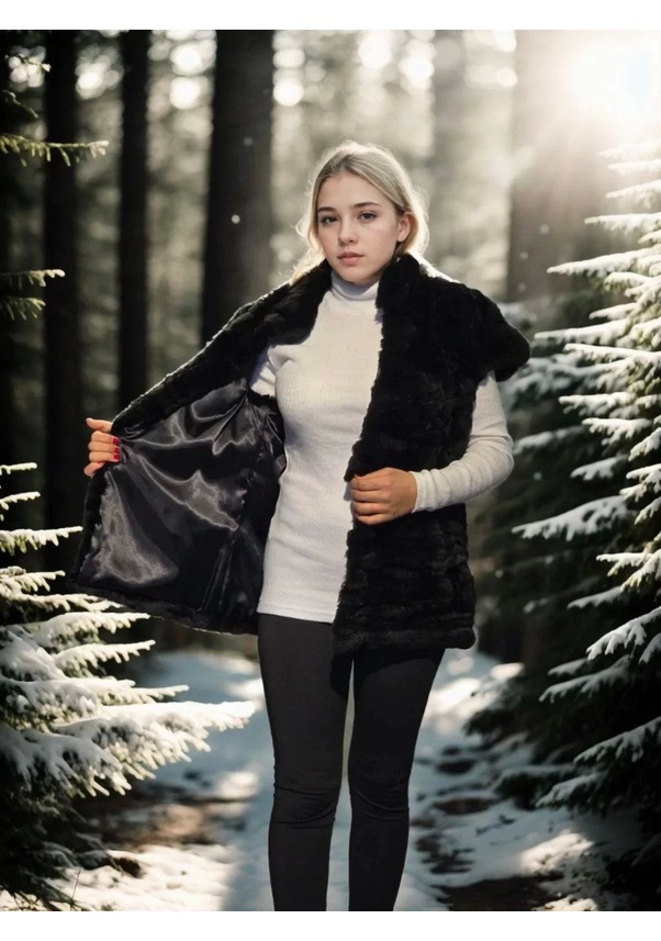 Resim Kadın Kolsuz Hakiki Kürk - Siyah Siyah 