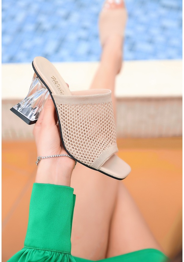 Resim Pabucmarketi Kadın Krem Triko Şeffaf Topuklu Terlik Çok Renkli 