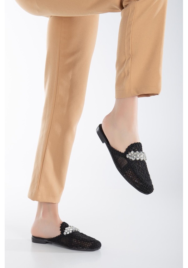 Resim Örme Taşlı Siyah Kadın Terlik-2444-sıyah Siyah 