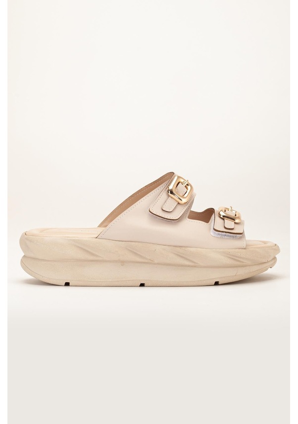 Resim Kadın Dolgu Taban Terlik Bej 2 Bantlı Suni Deri-3847 Bej 