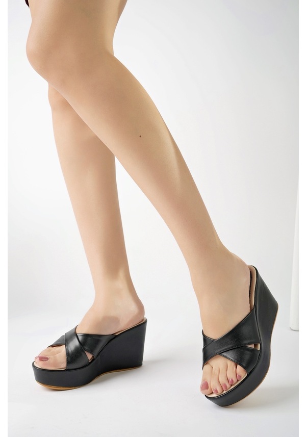 Resim Bulutmod Çapraz Yanı Taşlı Günlük Dolgu Topuklu Kadın Terlik Siyah 