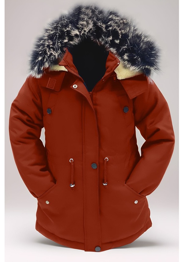 Resim Unisex Kız/erkek Çocuk Kışlık Kanvas Kumaş Büzmeli Diz Üstü Içi Kürk Kapüşonlu Kaban Mont-mnt-0005 Kiremit 