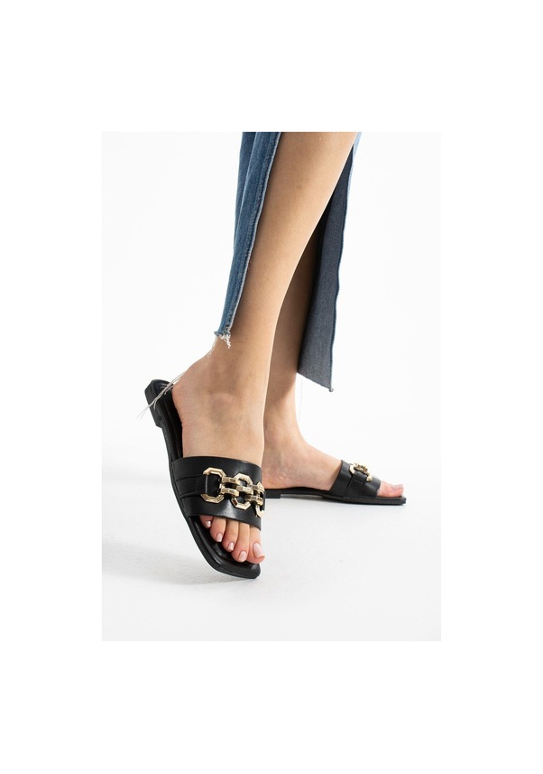 Resim Siyah Zincirli Kadın Terlik Ev Ve Dış Mekan Terliği Siyah 