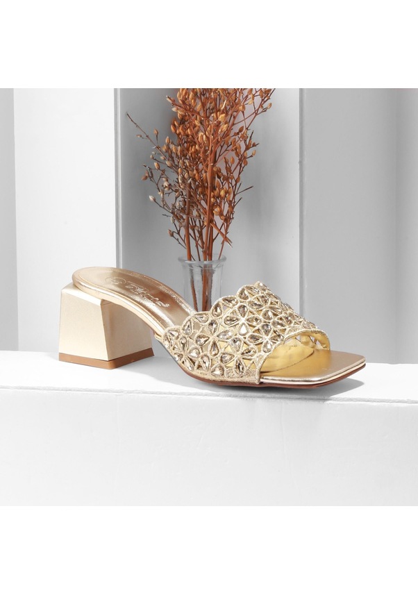 Resim Kadın Altın Taş Detaylı Topuklu Terlik Altın 