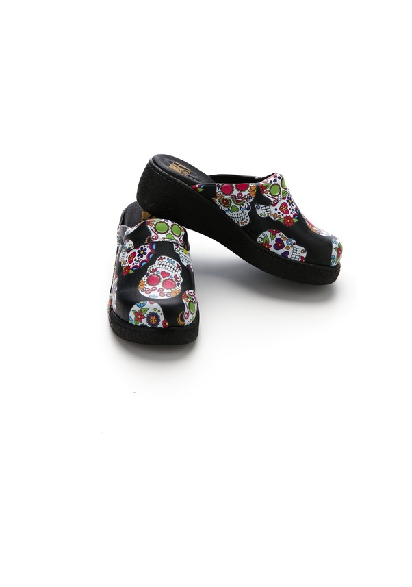 Resim Drmoon Kuru Kafa Desenli Dolgu Taban Hakiki Deri Kadın Sabo Terlik Siyah 