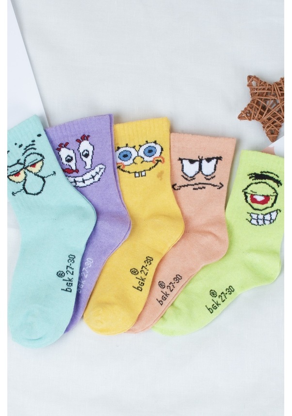 Resim 5 Çift Çocuk Sünger Bob Desenli Çorap Renkli 