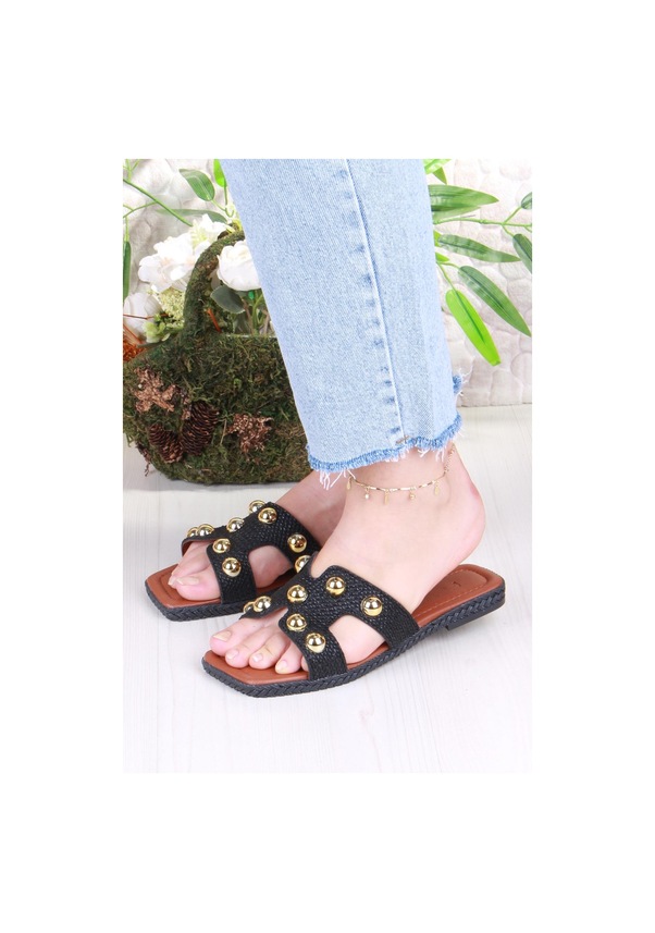 Resim Fort 014-25 Fls Toka Detaylı Tatil Terliği Günlük Terlik Kadın Terlik Siyah 