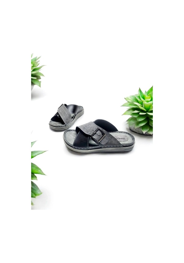 Resim Erkek Deri İç Taban Tokalı Ayarlanabilir Yumuşak Ev Ve Dışarı Terliği 