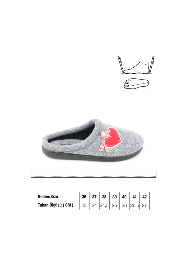 Resim Gezer Kışlık Comfort Taban Nakışlı Kalp Desenli Keçe Ev Terliği Gri 
