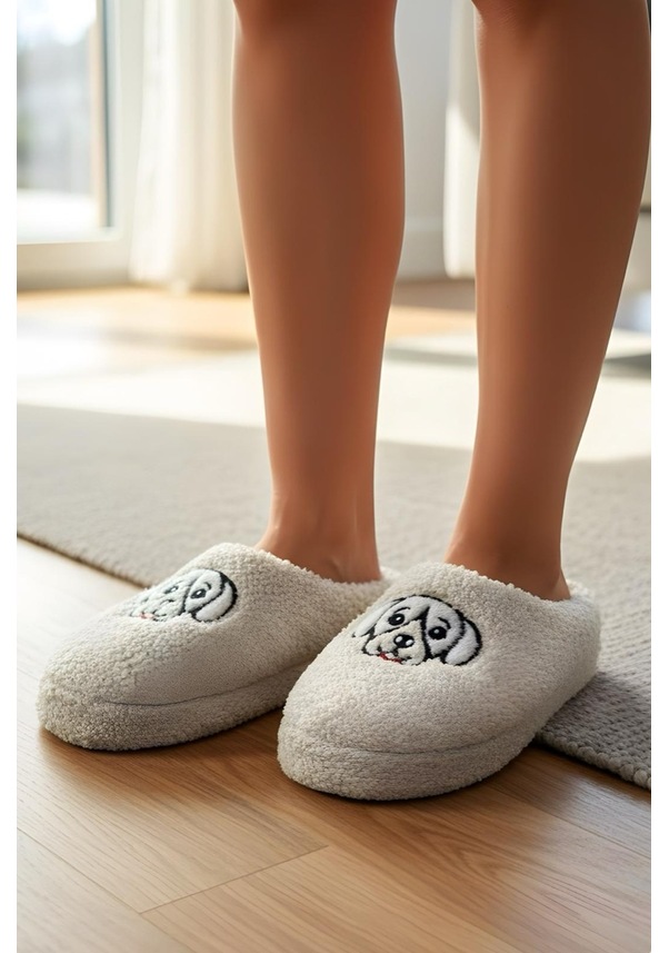 Resim Ft 102 Köpek Nakışlı Kadın Ev Terliği Peluş Terlik Çeyiz Ve Bohça Terliği Ses Yapmaz Kalın Taban Ekru 