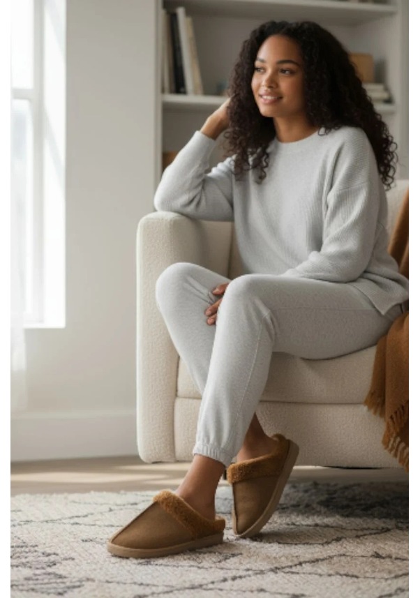 Resim Kadın İçi Kürklü Süet Hafif Yumuşak Taban Terlik Taba 