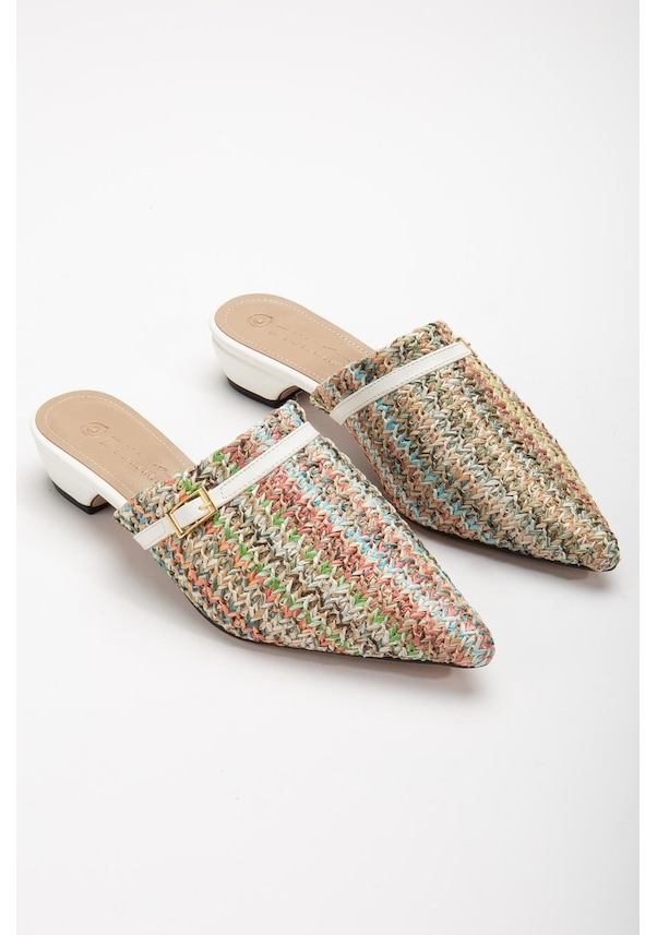 Resim Yeni Hasır Malzeme Önü Kapalı Beyaz Kadın Kısa Topuklu Terlik-3014-Beyaz 