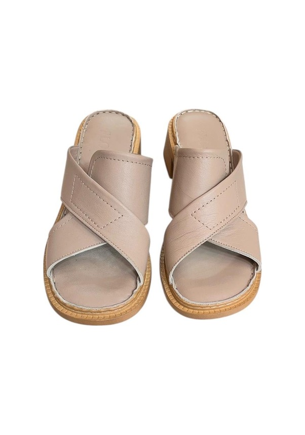 Resim Vizon Hakiki Deri Puf Taban Çapraz Bantlı Terlik Vizon 