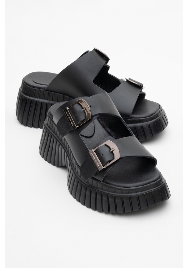 Resim Luvishoes Joanes Siyah Cilt Hakiki Deri Çift Bantlı Kadın Dolgu Taban Terlik Siyah 