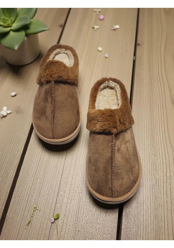 Resim Kadın İçi Kürklü Süet Hafif Yumuşak Taban Terlik Taba 