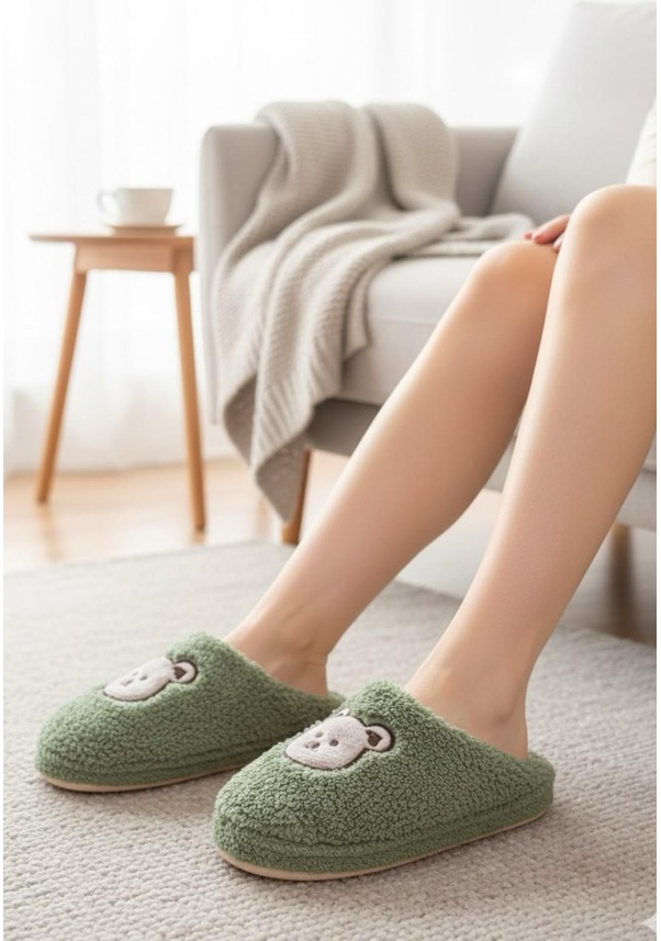Resim Ft 103 Panda Nakışlı Kadın Ev Terliği Peluş Terlik Çeyiz Ve Bohça Terliği Ses Yapmaz Kalın Taban Yeşil 