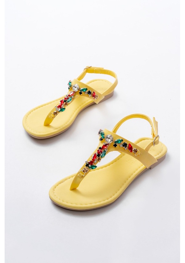 Resim 152-1110 Sarı Multi Taşlı Parmak Arası Kadın Sandalet Altın - Taba 