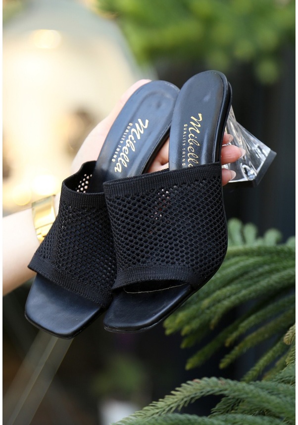 Resim Akva Siyah Triko Şeffaf Topuklu Terlik Siyah 