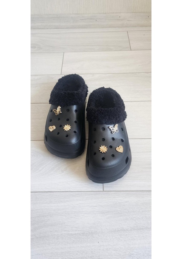 Resim İçi Kürklü Taşlı Şık Doktor Hemşire Aşcı Terliği Siyah 