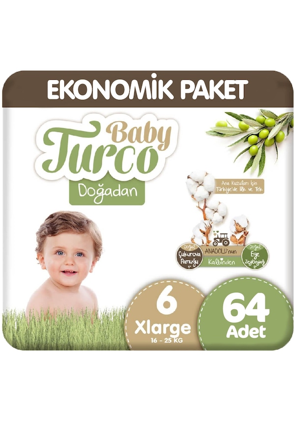 Baby Turco Doğadan Bebek Bezi 6 Numara Xlarge Ekonomik Paket 2 x 32 Adet