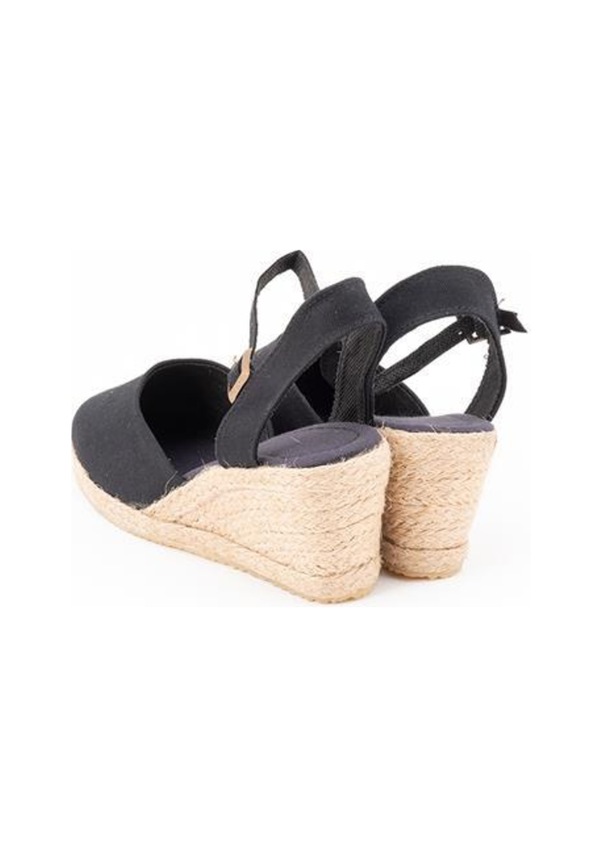 Resim Topuğu Açık Bilekten Bantlı Dolgu Topuk Bayan Siyah Keten Hasır Espadril Siyah 