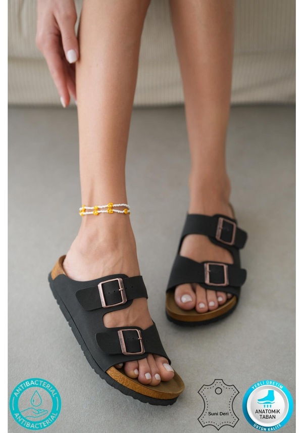 Resim Madrid Unisex Ortopedik Tabanlı Terlik Çift Bantlı Tokalı Günlük Rahat Ev & Dışarı Terliği Siyah 