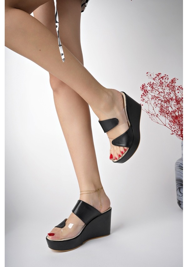 Resim Bulutmod Kadın Yan Şeffaf Günlük Abiyelik Dolgu Topuklu Terli Siyah Beyaz 