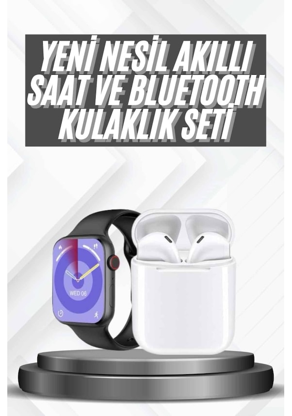 Resim Akıllı Saat Gümüş Kasa Bluetooth Kulaklık Hediyeli Çok Fonksiyonlu İkili Set 