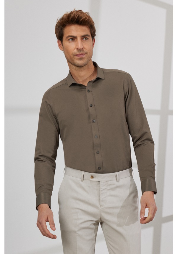 ERKEK HAKI Kolay Ütülenebilir Slim Fit Dar Kesim İtalyan Yaka Armürlü Gömlek