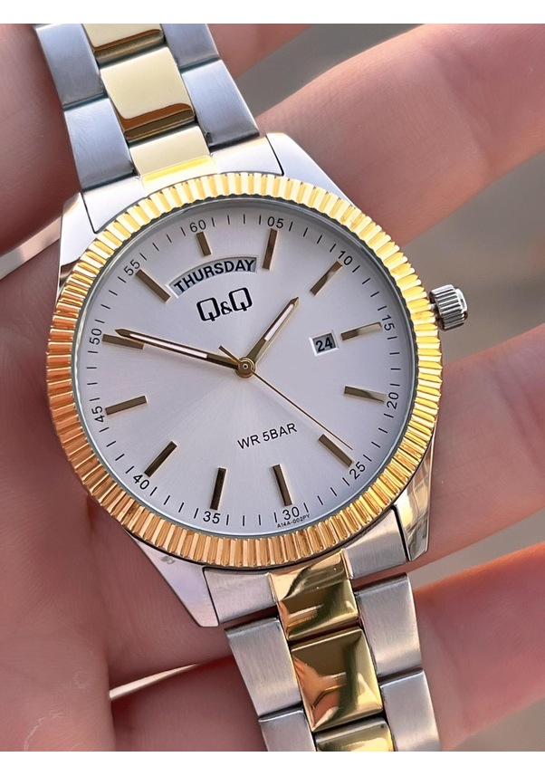 Resim Q&q Çelik Kordon Takvimli Kadran 2 Yıl Garantili 3 Atm Suya Dayanıklı Erkek Kol Saati Qq.e2005.a2 Gümüş - Sarı 