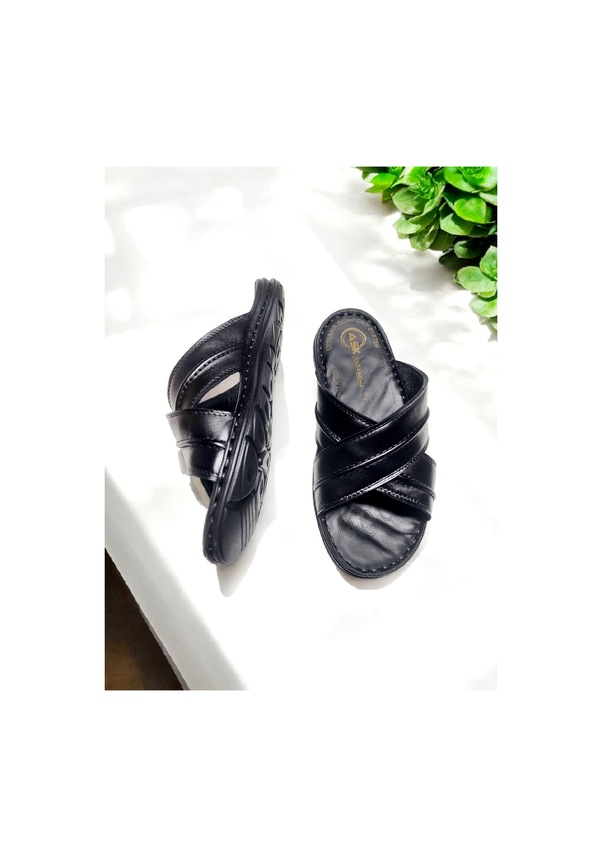 Resim Erkek Gerçek Deri Yumuşak Taban Anatomik Ev Ve Dışarı Terliği Siyah 