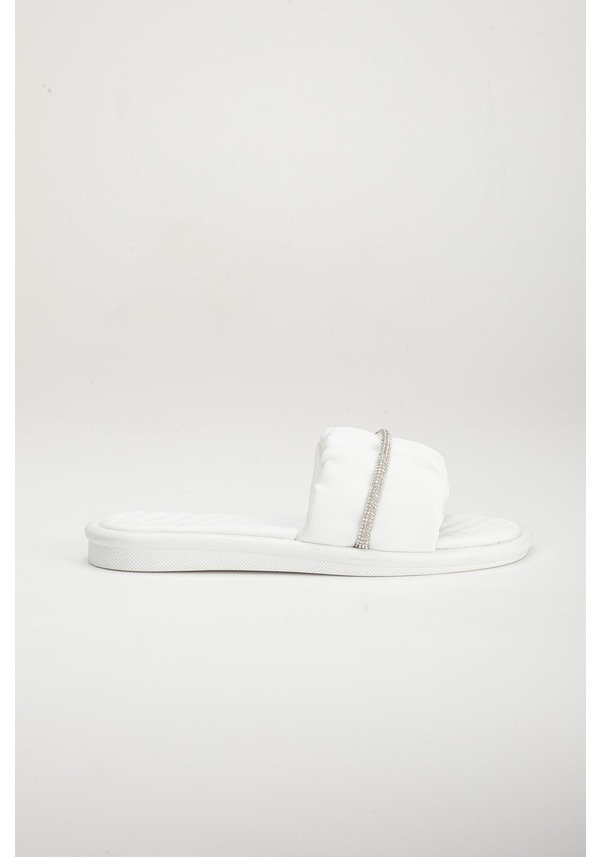 Resim Cilt Büzgülü Taşlı Beyaz Kadın Düz Topuk Terlik-2427-beyaz Beyaz 