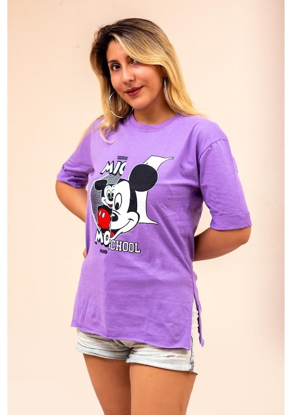 dezenfektan kontrolör büst  Lila Mickey Mouse Baskılı Yırtmaçlı Duble Kol Kadın Tişört 22Ktsh Fiyatları  ve Özellikleri