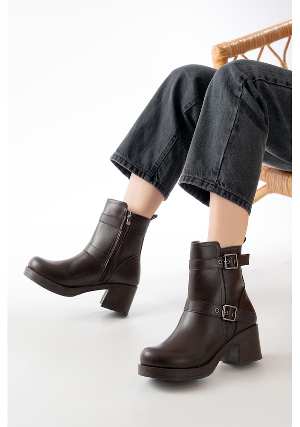 Resim 5109-3027 Kahverengi Topuklu Fermuarlı Günlük Kadın Bot Acı Kahverengi 