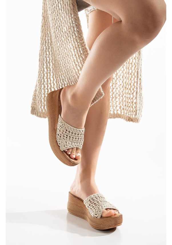 Resim Örme Tekbant Desenli Taban Bej Kadın Dolgu Taban Terlik-2959-bej Bej 