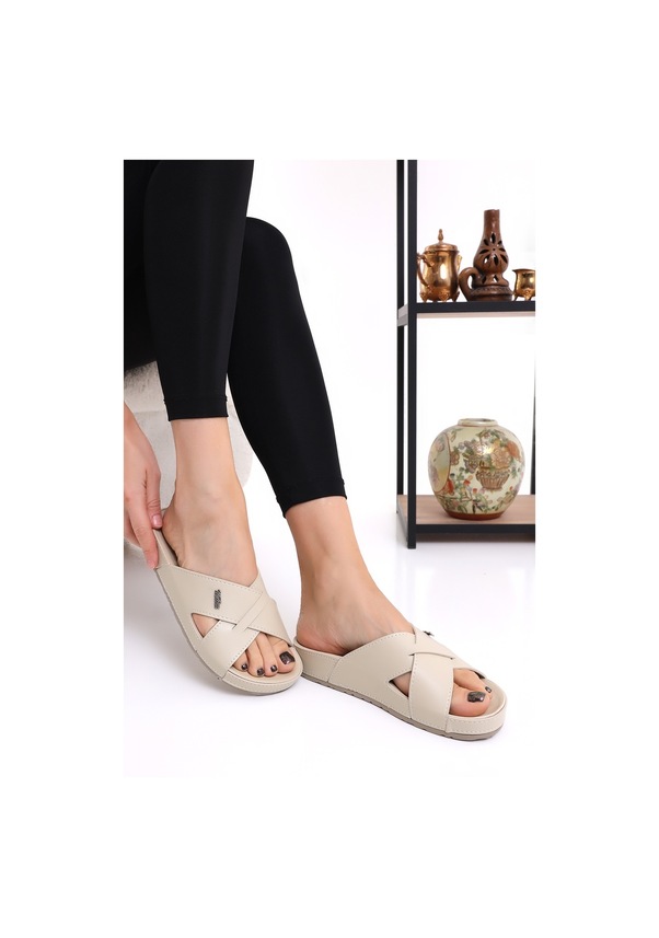 Resim Mlx 10953 Çapraz Kadın Terlik Comfort Anatomik Kadın Ev Dışarı Terliği Bej 