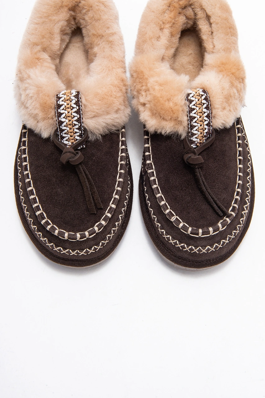 Resim Luvi Shoes Norıel Kahverengi Süet Hakiki Deri Dikişli Kürklü Kadın Makosen Terlik Kahverengi 