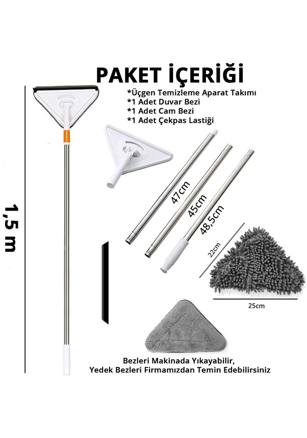 Turuncukoli Teleskopik Üçgen Camsil Duvar Yüzey Cam Silme Aparatı Mop Turuncukoli Teleskopik Üçgen Camsil Duvar Yüzey Cam Silme Aparatı Mop