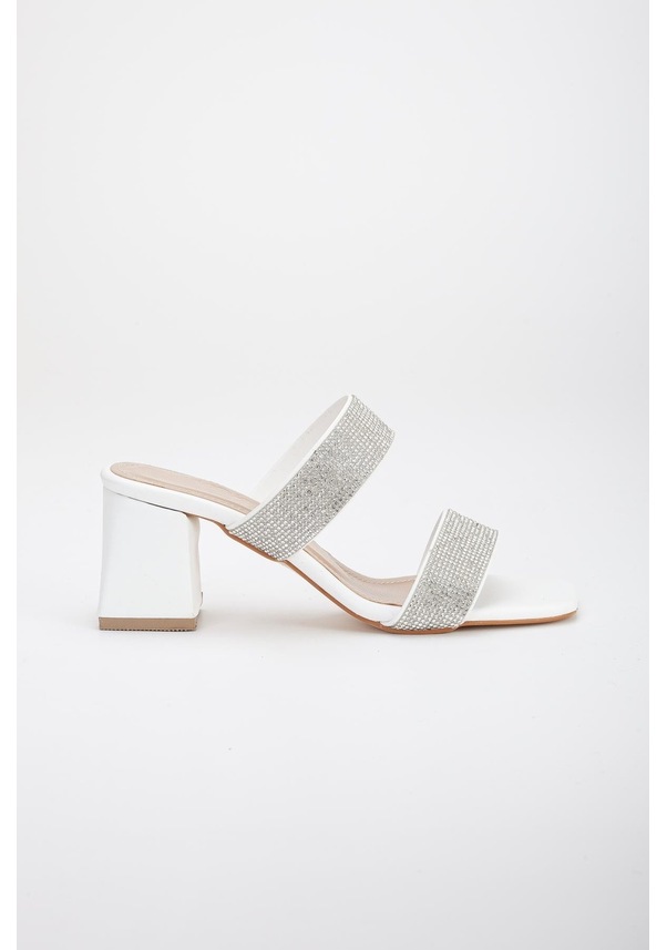Resim İki Kalın Taş Bantlı Beyaz Kadın Topuklu Terlik-2807-beyaz Beyaz 