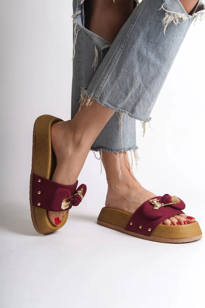 Resim Dıla Kalın Ve Ortopedik Taban Ayıcıklı Saten Kadın Terlik Skt - Bordo Bordo 