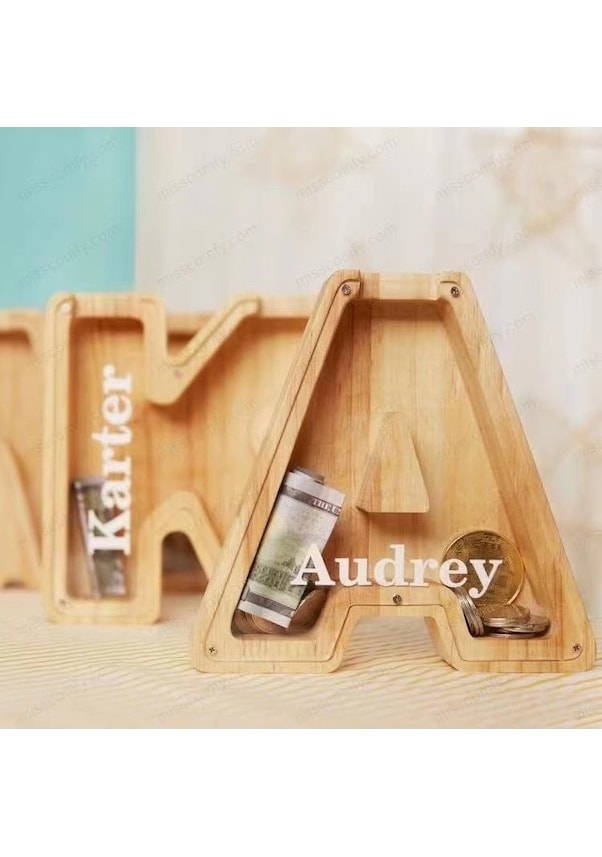 Resim Ahşap Para Birikim Kutusu - 26 İngilizce Harf Stickerli Ev Dekorasyonu Ve Para Saklama Aracı 