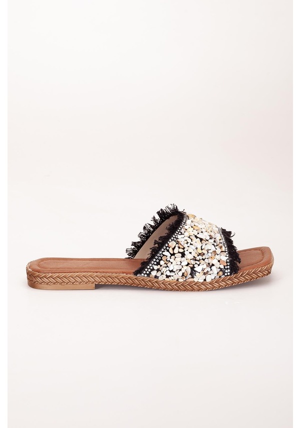 Resim Kadın Düz Topuklu Terlik Siyah Taşlı Püsküllü Kalın Tekbant-3922 Siyah 