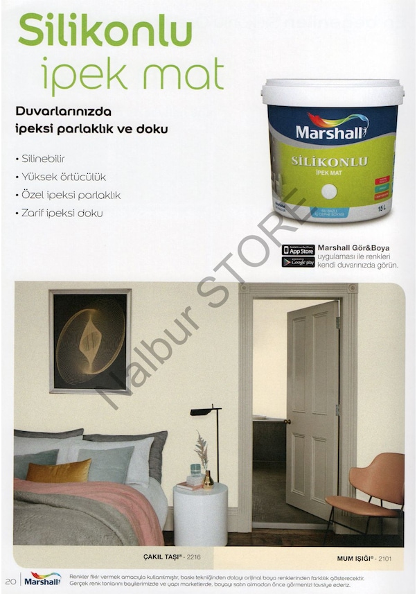 Marshall Ipek Mat Silinebilir Duvar Boyası 15Lt=20Kg+9 Parça Set Marshall Ipek Mat Silinebilir Duvar Boyası 15Lt=20Kg+9 Parça Set