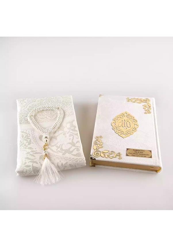 Resim Seccade + Tesbih + Kuran Hediye Seti Orta Boy, Kadife, Beyaz, Lafzatullah 