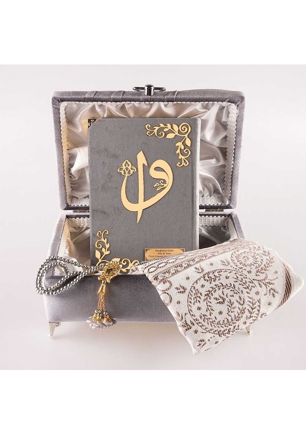 Resim Çizgili Kutu Çeyizlik, Seccade + Tesbih + Kuran Hediye Seti Çanta Boy, Kadife, Gri, Elif-vav 