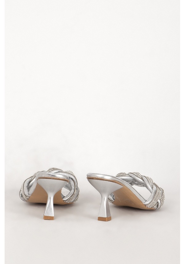 Resim Dericlub Kadın Örgü Bantlı Taşlı Kısa Topuklu Terlik Gerçek Deri Gümüş 