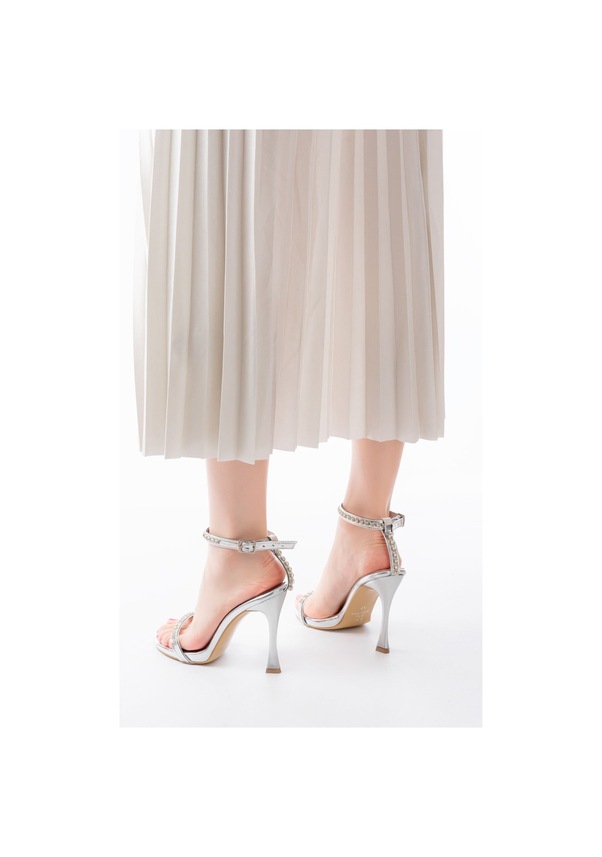 Resim A-30 Gümüş Taş Aksesuarlı Platformlu Topuklu Kadın Terlik Renksiz 