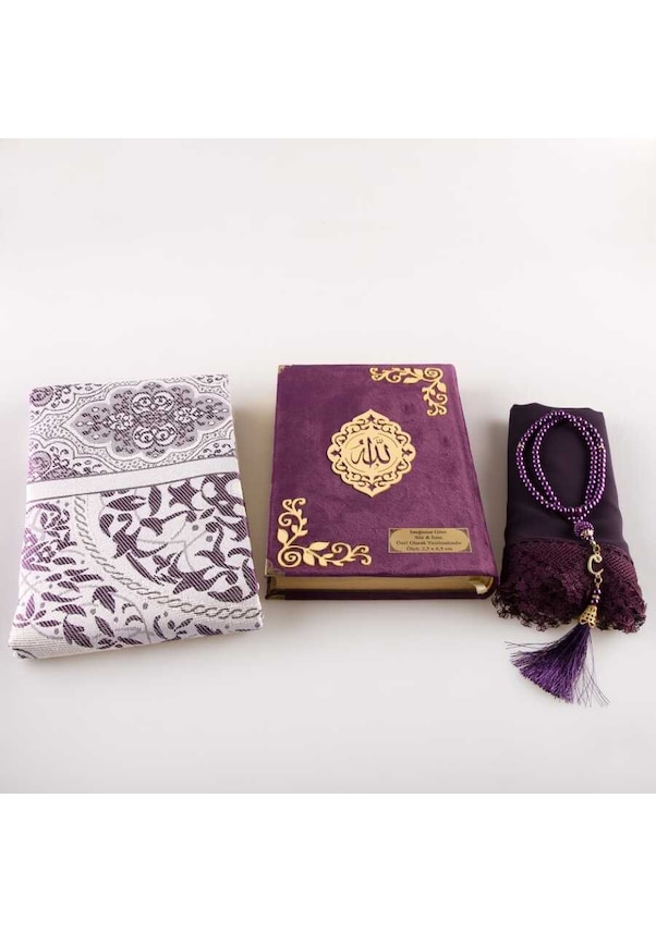 Resim Şal + Seccade +Tesbih +Kuran Hediye Seti (Hafız Boy, Kadife, Mor) 